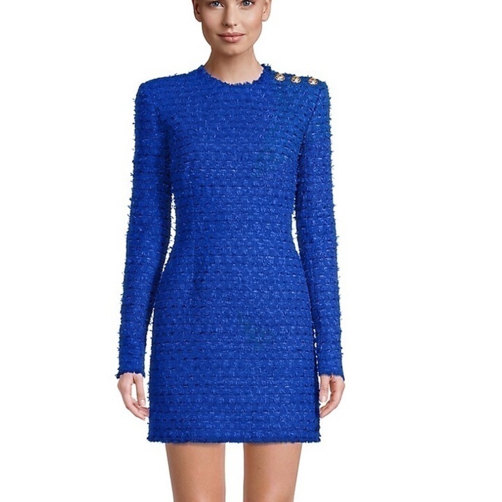 New Balmain Buttoned Shoulder Structured Tweed Mini Dress Size 34